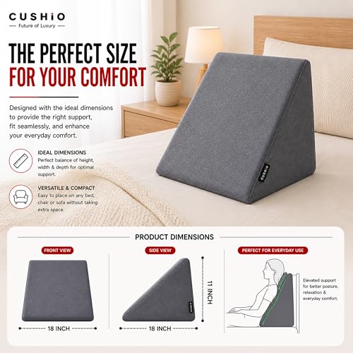Image of CUSHIO Bed Wedge Pillow for Sleeping, Memory Foam Wedge Cushion for Acid Reflux, Back Support Pillow for Bed Sitting, Orthopedic Wedge Pillow for Neck & Back Pain, Leg Elevation Pillow (Grey)