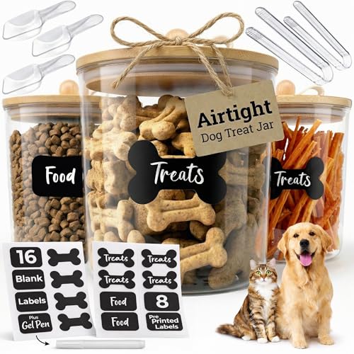 3 Acrylic Airtight Dog Treat Container Dog Treat Jar Each Holds 4.4 QT / 17.5 Cups Kibbles Food Storage With Lid +24 Labels for Kitchen Counter Pet Cookie Jars With Lid Air Tight Cat Treats Canister
