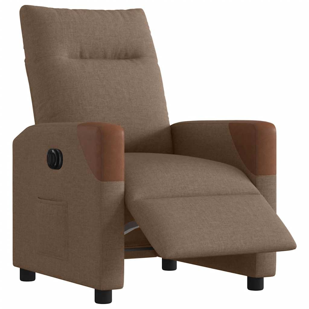 Fotel relaksacyjny elektryczny brązowy materiał z funkcją leżenia, ergonomiczny, wygodny, z podłokietnikami i oparciem z drewna, metalu, do salonu, kącika do czytania i biura