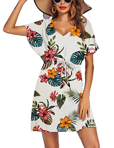 Image of Ekouaer Womens Swimsuit Coverup Short Sleeve Beach Cover Up Dress V Neck Bikini Beachwear