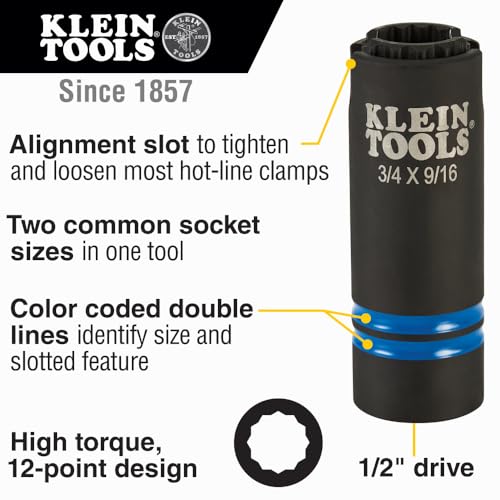 Klein Tools 66031 3-in-1 Slotted Impact Socket, 12-Point Deep Sockets, Coaxial Spring Loaded, 3/4 and 9/16-Inch Hex Sizes, 1/2-Inch Drive by KLEIN TOOLS - Image 2