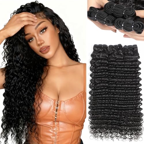 inlovwith Deep Wave Human Hair Bundles, Curly Bundles by 100% Unprocessed Indian Virgin Hair, Keep Texture Wet and Wavy After Multiple Washes(3 Bundles, 16 28 20 Inches)