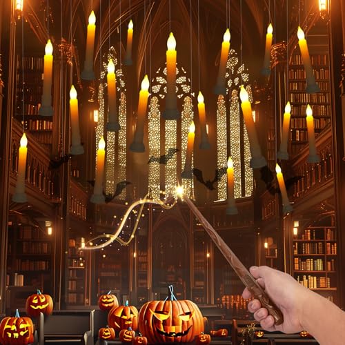 Image of Amagic Batteries Included Floating Candles with Wand Remote, 12pcs Flickering Warm Light Flameless Taper Candles, Magic Hanging Candles with Base for Birthday Party, Halloween Decorations