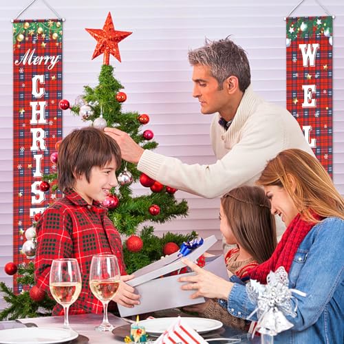 Merry Christmas Banner, Buffalo Plaid Welcome Banner - Front Porch/Door Sign for Indoor/Outdoor Wall