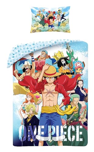 Halantex One Piece Single Duvet Cover Set – Reversible Blue Anime Bedding – Soft Microfibre – Monkey D. Luffy & Straw Hat Crew – 135x200cm + Pillowcase 48x74cm – Kids Boys Cartoon Bed Set