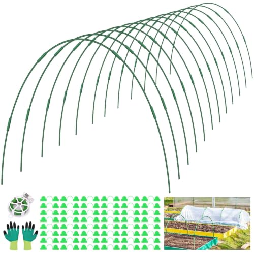 60 Pcs Garden Hoops for Netting 12 Sets Adjustable Greenhouse Hoops Rust-Free Fibreglass Garden Bed Hoop Grow Tunnel Support Kit with Clips Twist Tie for Raised Bed Row Cover Outdoor Plant Protection
