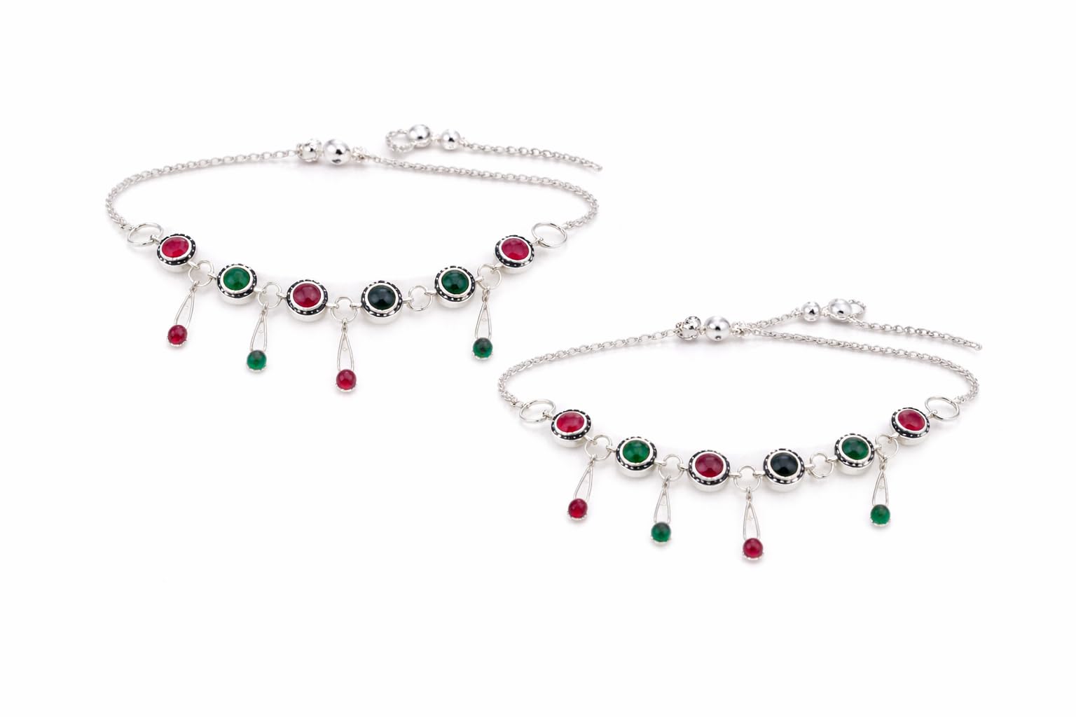 Sterling Silver Anklets with Emerald and Ruby Stones, Adjustable Chain, Set of 2-image-4