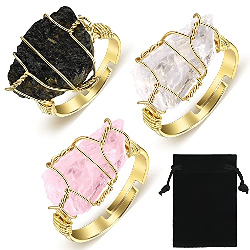 Hicarer Chakra Crystal Ring Healing Wire Wrapped Irregular Adjustable Crystal Gemstone Rings Jewelry