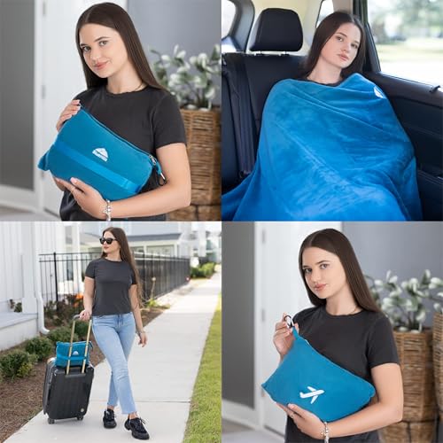 Image of BlueHills Travel Blanket Pillow in Mini Soft Case Premium Plush Airplane Blanket in Soft Bag Compact Pack with Luggage Belt and Backpack Clip Airline Car 2 in 1 Traveler Essentials - Teal Blue M03