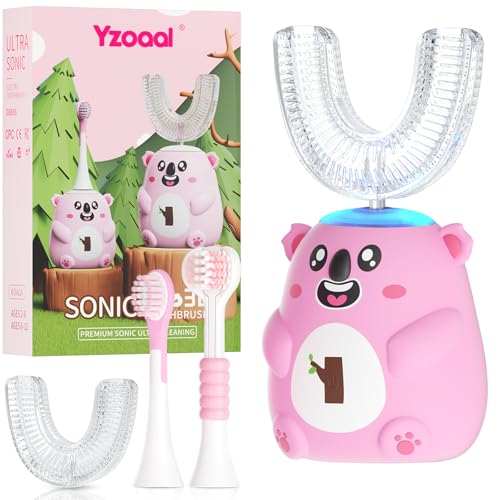 Elektrische Zahnbürsten für Kinder, 2-6/6-12,U-förmige Zahnbürste, Koala-förmige Zahnbürste, Ultraschall-Bürstenköpfe, 60 Sekunden-Timer (rosa, 2-6 Jahren)