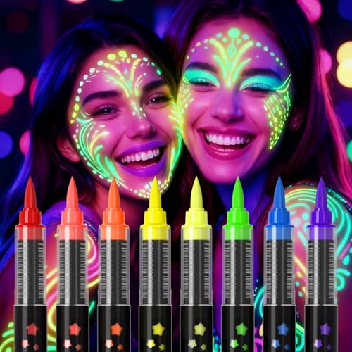 INAFKDPONR 8-color luminous body painting UV neon face painting pen luminous face painting kit washable skin tattoo pen Halloween party makeup (8 colors)