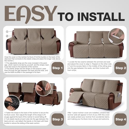 Image of KinCam Waterproof Recliner Sofa Cover, Non-Slip Reclining Couch Covers for 3 Seat, Recliner Couch Cover Furniture Protector with Elastic Straps for Pets, Kids, Taupe
