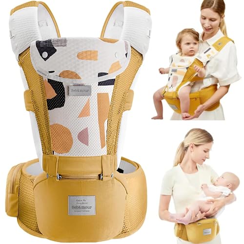 Image of Bebamour Baby Carrier Newborn to Toddler-2 in 1 Hip Seat & Carrier Front and Back Carry with Head Hood & 3 Pieces Teething Pads& Waist Extenders & Storage Bag 0-36 Months (Yellow)