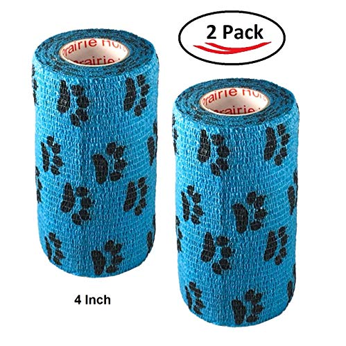 Image of Vet Wrap Wrap Tape (Blue with Paw Prints) (2 Pack) (4 Inch x 15 feet) Self Adhesive Adherent Adhering Cohesive Flex Self Stick Bandage Grip Roll Dog Cat Pet Horse