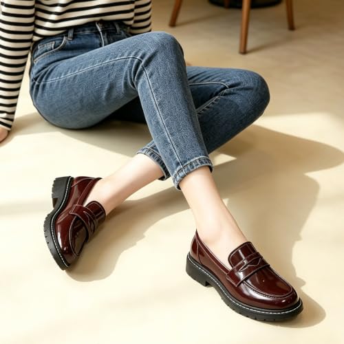 Image of Black Penny Loafers for Women, Shiny Comfortable Dress Work Shoes
