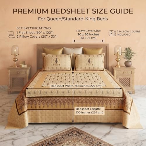 Image of BSB HOME 240 TC Cotton King Size Bedsheet, Premium Soft Double Bed Sheet, Breathable & Skin Friendly Bed Cover, Elegant Printed Bedsheet, Durable, 90 x 100 Inches (229 x 254 cm) - Honey Beige