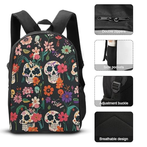 3 Piece Backpack for Women Men Lightweight Causal Daypack Shoulder Bag Set with Insulated Lunch Bag And Pencil Case Organizers Day of The Dead Floral Skull Patterns3