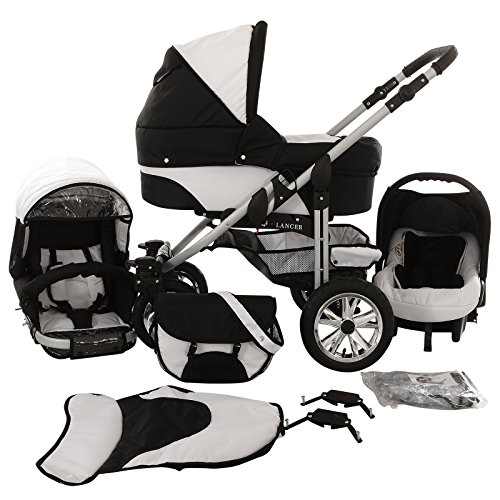 Chilly Kids Matrix Lancer Kinderwagen Komplettset (Autositz, Regenschutz, Moskitonetz, Schwenkräder) 56 Schwarz & Weiß