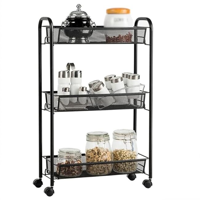 Trolley Rack Movable 3-Tier Floor-Standing Vegetable Basket Rack with Wheels-pUIAqdOw