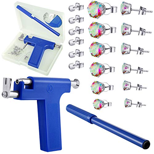 Minatee Stainless Steel Body Ear Piercing Tool Set, Includes Ear Nose Navel Piercing Machines, 6 Pairs Stainless Steel Stud Earrings and 6 Pairs Cubic Zirconia Stud Earrings for Salon Home Use