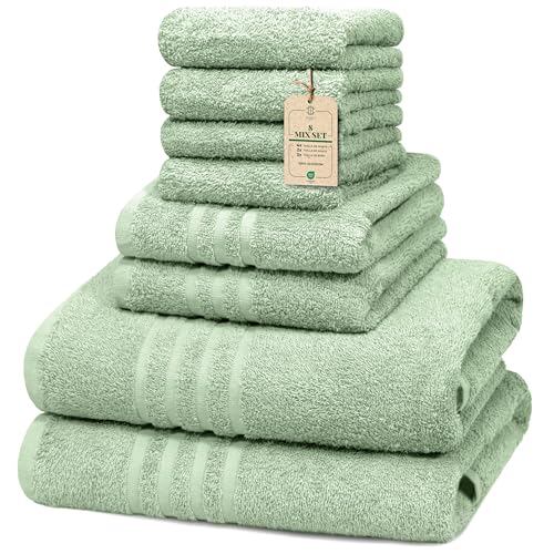HomeBurg Core Set de Toallas 8 Mix - Pequeñas (30×30 cm), Medianas (40×60 cm) & Grandes (60×135 cm) - Suaves, Absorbentes & Confortables, Verde Musgo