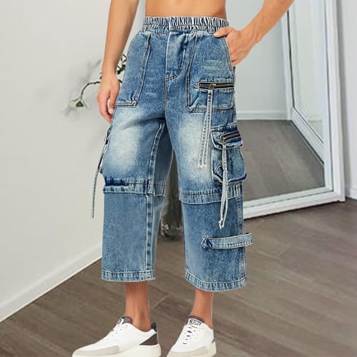 Little Boys Cargo Jeans Kids Baggy Vintage Straight Leg Denim Pants with Zipper Pockets Teen Elastic Waisted Trousers Jean4