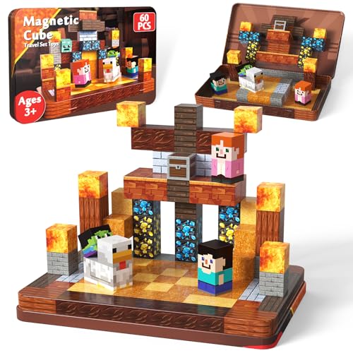 ToyUnited 60 Stück Magnetische Bausteine Reise-Eisenbox - Zirkus Hühner Arena mit Kind & Huhn, Lustiges Magnetbausteine Set für Rollenspiele | Magnetic Building Blocks