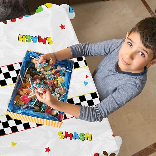 Image of Monster Truck Tablecloth - 3 Pcs Disposable Machine Table Cover, Checkered Tablecloth for Monster Truck Birthday Party Decorations