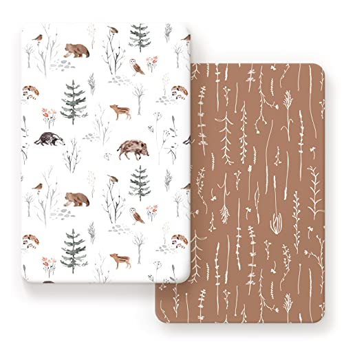 Image of Pack n Play Sheets Fitted 2 Pack, Stretchy Ultra Soft Jersey Knit Pack and Play Sheets, Universal Fitted Portable/Mini Crib Mattresses Snug and Safe, Stylish Pattern of Jungle Animals