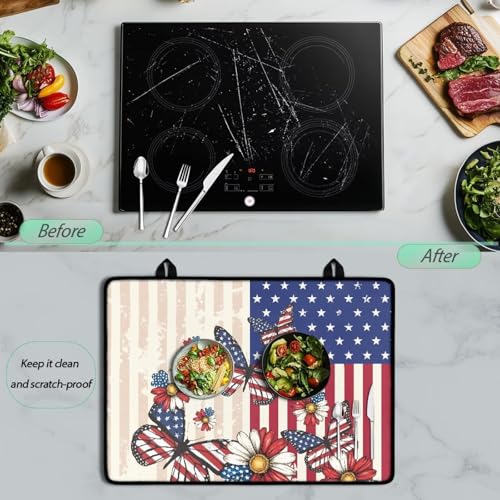 Image of Poceacles 4th of July Patriotic Stove Top Cover Stove Burner Cover Multipurpose Rubber Desk Saver Pad Washer Dryer Top Mat for 250th Independence Day Decor, American Flag Butterfly