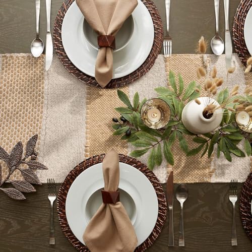 Image of Luxe Home Elegant Beige and White Woven Table Runner with Tassels - Cotton 13.5 x 77 Inch, Rustica - Perfect for Dining Table, Center Table, Decor Pack of 1