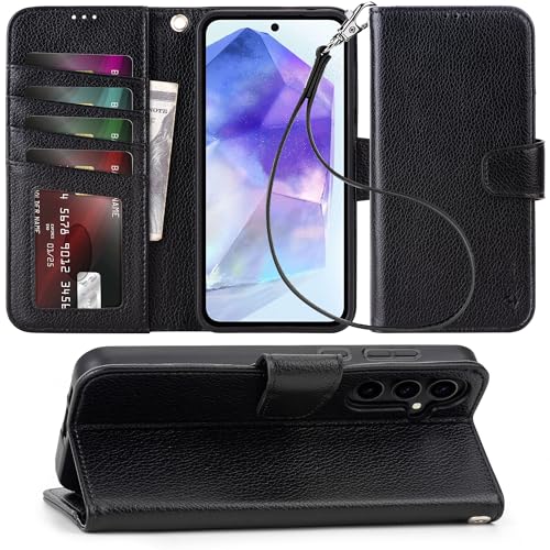 Arae Case for Samsung Galaxy A55 Wallet Case Flip Cover with Card Holder,Faux Leather Galaxy A55 Case Wallet for Women and Men with Kickstand Wristlet Strap RFID Blocking, Litchi Black