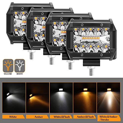 Phare de Travail LED, AAIWA 4 Pouces Feux LED Travail Lumière Flash Blanche Ambrée, 4PCS 24000LM Off Road Light Driving Feux de Brouillard pour Camionnette ATV UTV SUV Boat Light