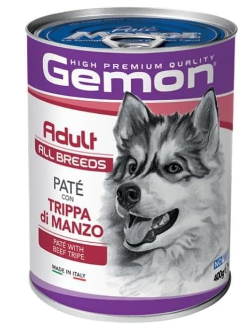 Gemon Umido Cane Patè Adult All Breeds gusto TRIPPA di MANZO, morbido patè per cani adulti, alimento completo | 12 scatolette da 400 grammi l’una.