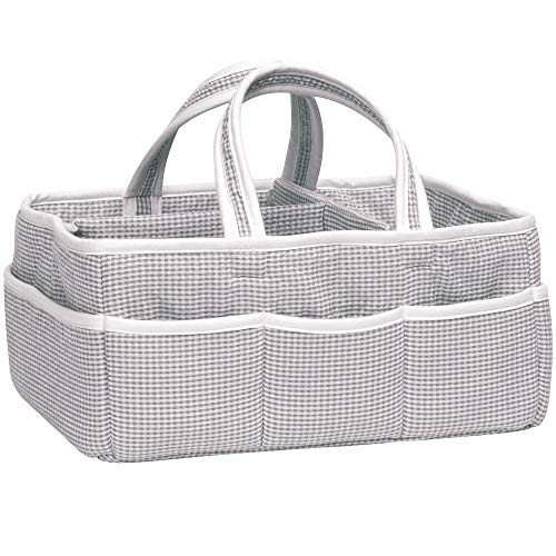 Image of Gingham Seersucker Gray Storage Caddy-Gingham Seersucker Body, Handles and Lining, Solid White Trim, Gray, White, Two Handles, 12 in x 6 in x 8 in