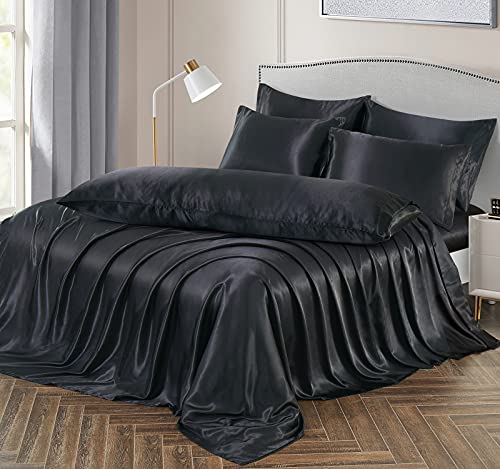 Image of Ersmak 7 Pieces Satin Sheets Set King Size, Luxury Silky Black Satin Bed Sheets Set with 1 Deep Pocket Fitted Sheet, 1 Soft Flat Sheet, 4 King Pillowcases and 1 Body Pillowcase