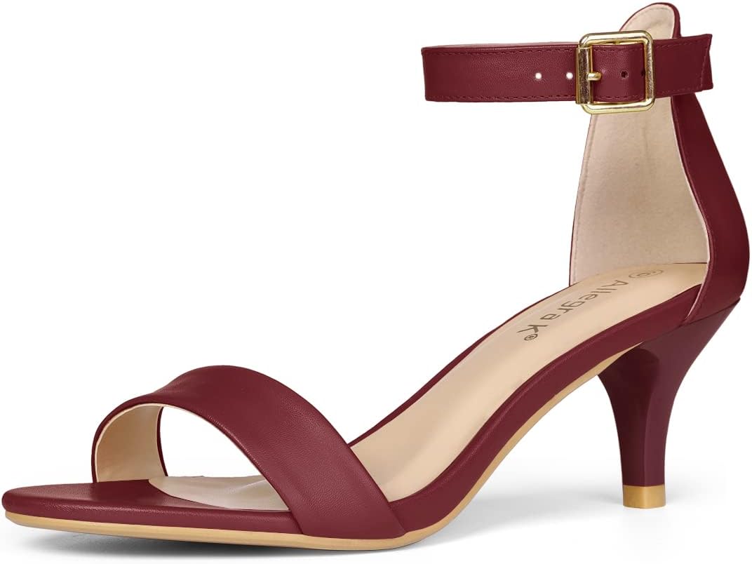 Allegra K Women Open Toe Kitten Heeled Ankle Strap Burgundy Sandals 7.5 M US