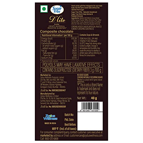 Image of Sugar Free D'lite Quinoa & Almonds Dark Chocolate Bar, 40Gm (Pack Of 18)