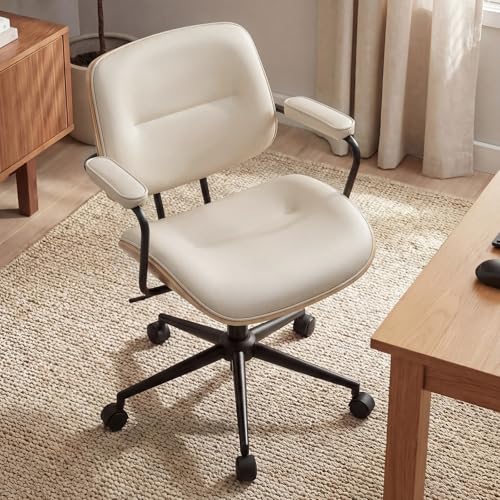 Image of Mid Century Modern Office Chair with Adjustable Backrest, Wooden Desk Chair with Armrests, Swivel Height Adjustable Home Office Chair, Comfortable Task Chair for Home Office, Beige