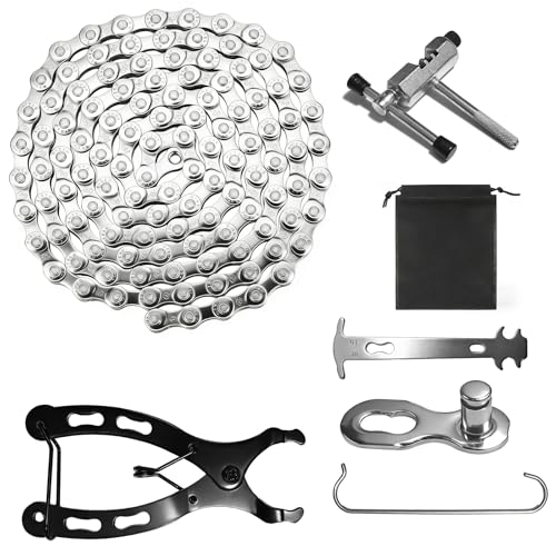 LINLINOI Chaîne de vélo 1/2 x 3/32 pouce (116 maillons) - Chaîne 6/7/8 vitesses avec jeu d'outils, rivet de chaîne, pince à maillons et 3 maillons rapides...