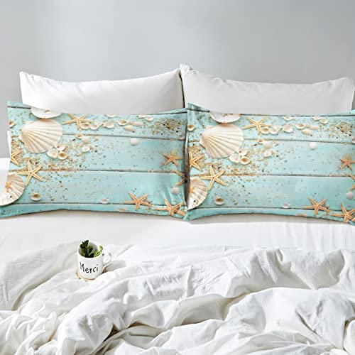 Homewish WWS8997GYY-TJ_USQ Seashell Starfish Duvet Cover Set Queen Size,Wood Stripes Bedding Set 3Pcs For Kids Teens Girls Boys Room Decor, Beach Hawaiian Style Comforter Cover Summer Teal Quilt Cover thumb #4
