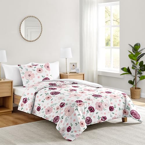 Image of Sweet Jojo Designs 2-Piece Twin Comforter Set (Red /Grey Boho Floral) for Girls, Kids, Teen, College Bed Room incl. Single Size Bedding & Sham (Watercolor, Flower, Elegant Rose, Farmhouse, Burgundy)