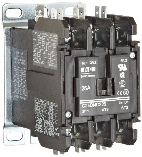Eaton C25DND325B Definite Purpose Contactor, 50mm, 3 Poles, Screw/Pressure Plate, Quick Connect Side By Side Terminals, 25A Current Rating, 2 Max HP Single Phase at 115V, 7.5 Max HP Three Phase at 230V, 10 Max HP Three Phase at 480V, 208-240VAC Coil Voltage