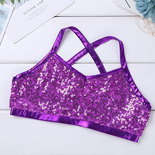 inlzdz Kids Girls Sequins Tankini Set Criss Cross Back Crop Top Tanks with Metallic Bottoms Gymnastics Workout Costume Purple 7-8