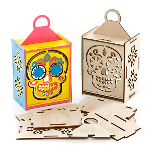 Baker Ross FE732 Kits de Linterna de Madera Día de los Muertos - Paquete de 3, Juego de Manualidades de Madera para Niños, Actividades Creativas de Halloween para que los Niños Coloreen