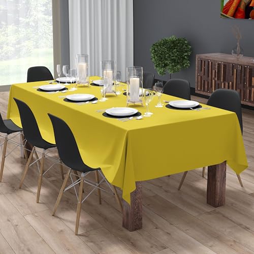 Image of HOME COLORS.IN Cotton Plain 10 Seater Table Cover - Machine Washable - Durable - Dining Table Cloth - 60 x 108 Inch - Yellow
