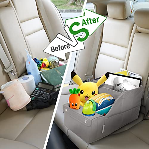 Image of MULISOFT Car Backseat Organizer with 11 Pockets & 2 Cup Holders, Pure Gray | Made from durable Oxford fabric with a waterproof surface, anti-slip buckles, and a foldable design for easy storage.