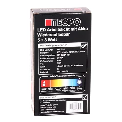 TECPO AKKU Werkstattlampe LED Inspektionsleuchte magnetisch 500 Lumen Handlampe 6500K 5+3 Watt Stablampe SMD Technik Lithium-lonen 3.7V 2500 mAh