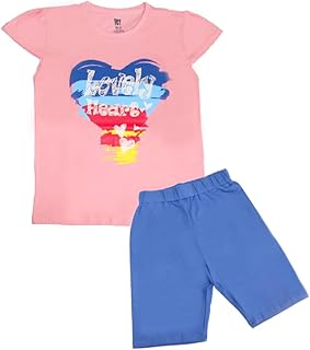 Papillon Cotton Set Of 2 Pieces Half Sleeves T-shirt&Short Printed Heart For Girls-Rose&Blue-14Year