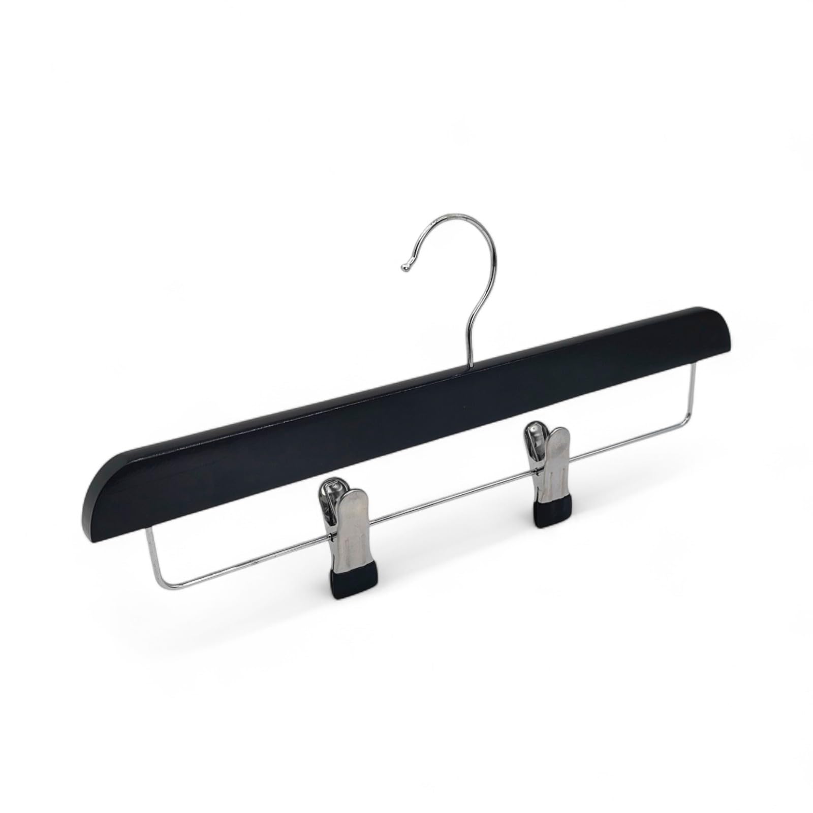 50x Black Wooden Trouser & Skirt Clip Hangers 36cm with Adjustable Chrome Clips | Space Saving Black Clip Hangers with 360° Swivel Hook | Strong Wooden Bar for Trousers, Skirts & Heavy Fabrics